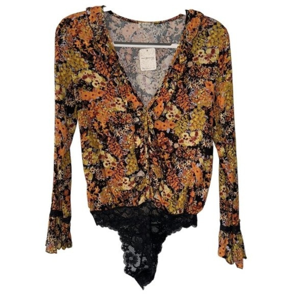 Intimately By Free People Floral Ruffle V-Neck Bodysuit Black Lace XS - Picture 5 of 8